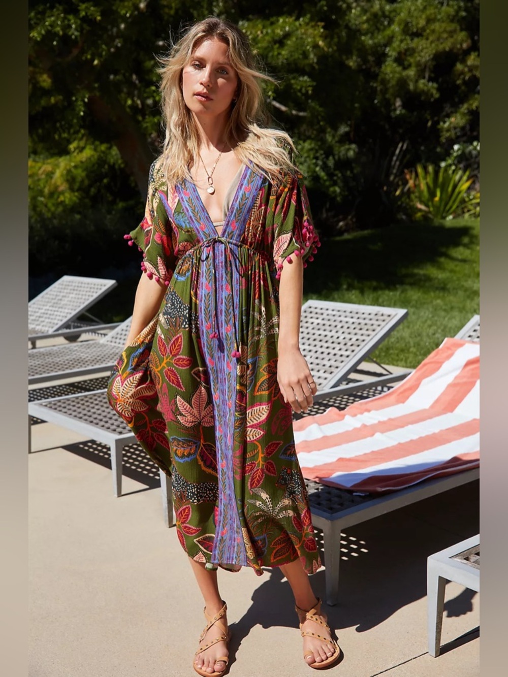 FARM Rio Tropical Deep V Coverup Dress with Pink Pom Pom Details- Size S